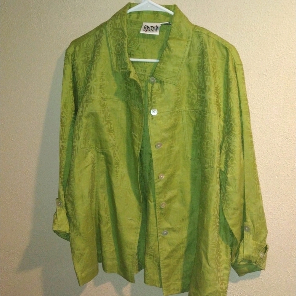 Chico's Design Green Linen Cotton Blend Floral Button Down Jacket 3/XL